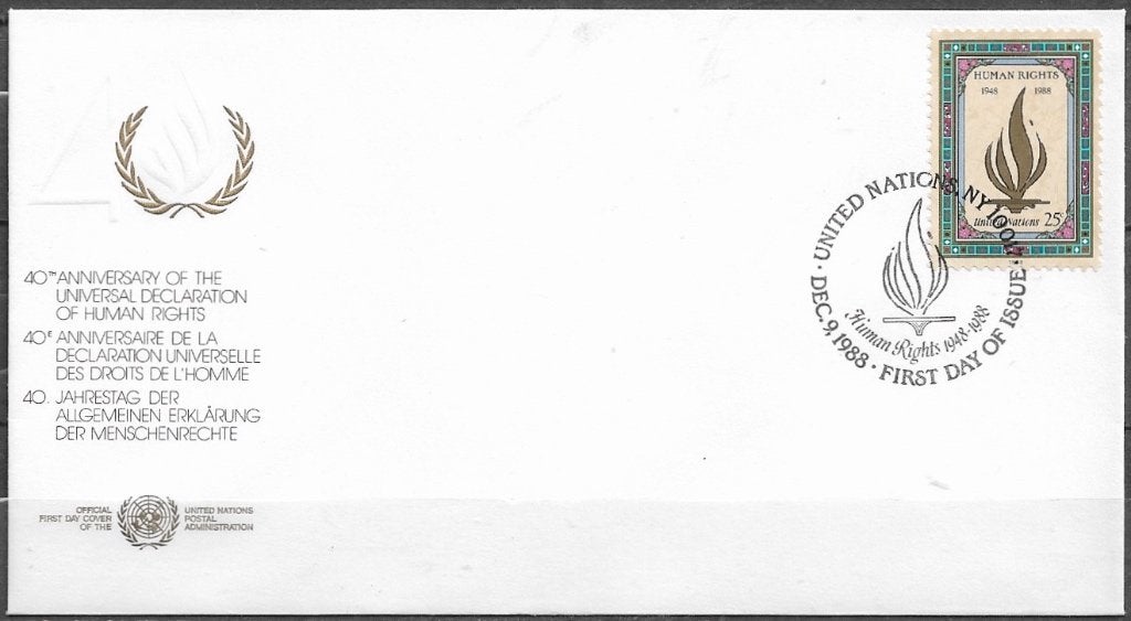 VER. NATIES New York FDC - 40 jaar Rechten van de Mens -1988, Postzegels en Munten, Verzenden, Onbeschreven, Rest van de wereld