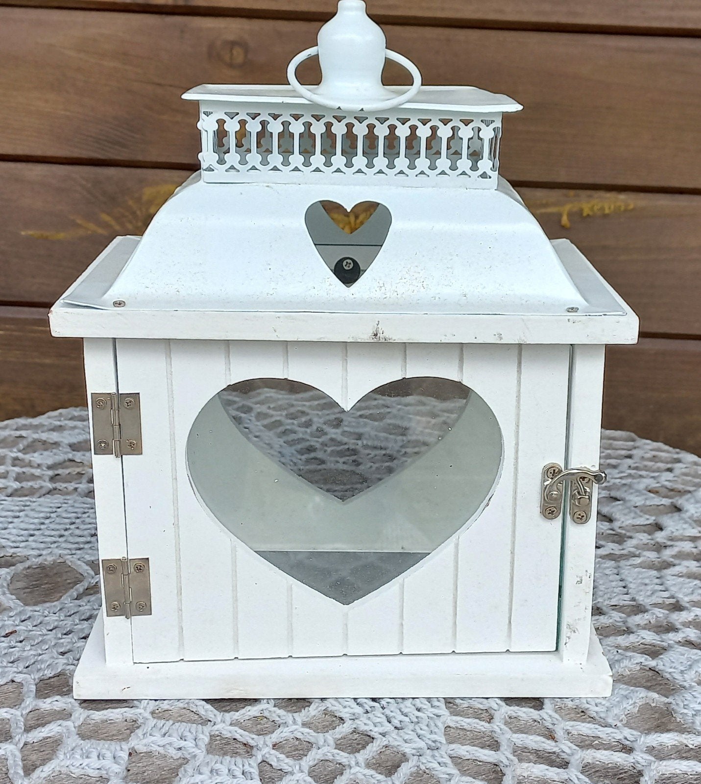 Witte houten lantaarn met hartjes - Romantische sfeer, Hout, Ophalen of Verzenden, Wit, Landelijk