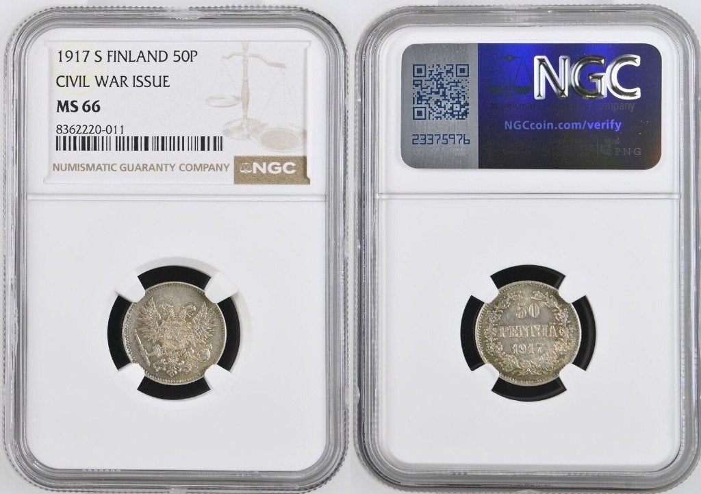 50 penniä 1917 S, Finland (Nicolaas II, NGC MS 66), Verzenden, Overige landen, Losse munt, Zilver