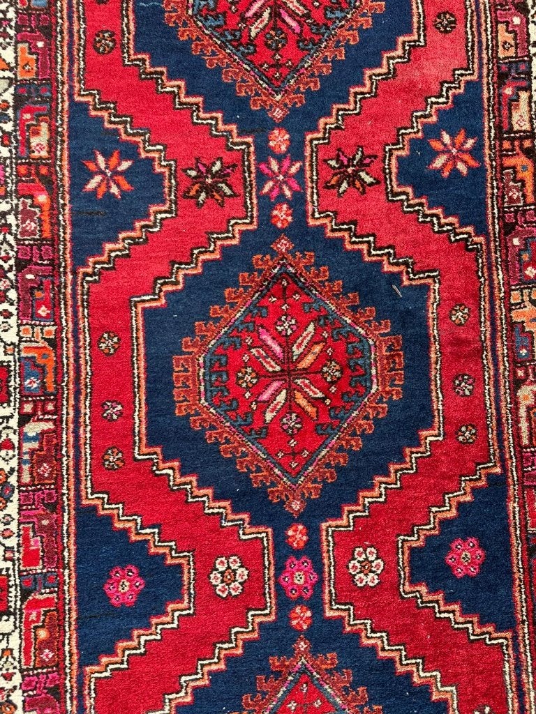 Prachtige Meshkin loper 435x112cm contrast van rood en blauw, Gebruikt, 100 tot 150 cm, Blauw, Wol