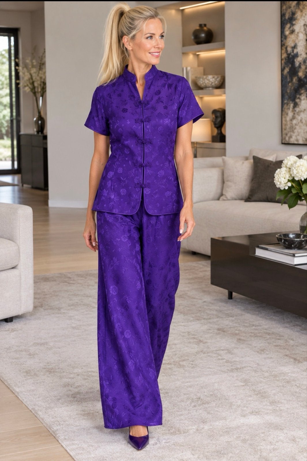 Paars lounge pak maat L - Broek & Blouse, Ophalen of Verzenden, Zo goed als nieuw, Maat 42/44 (L), Paars