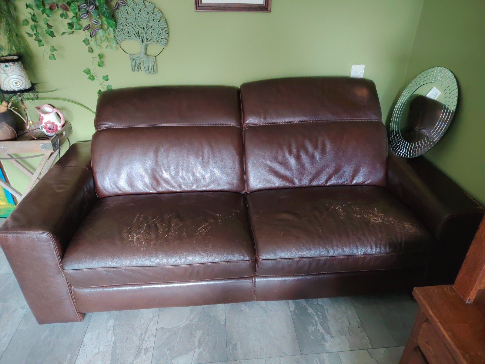 Comfortabele bruine leren tweezitsbank, Ophalen, Gebruikt, Klassiek, Comfortabel, 150 tot 200 cm