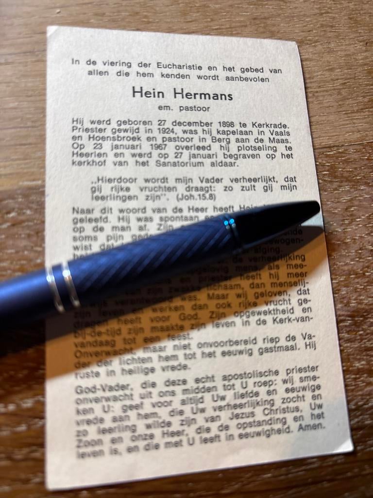 Hermans Hein 1898 Kerkrade 1967 Heerlen priester, Verzamelen, Bidprentjes en Rouwkaarten, Ophalen of Verzenden, Bidprentje