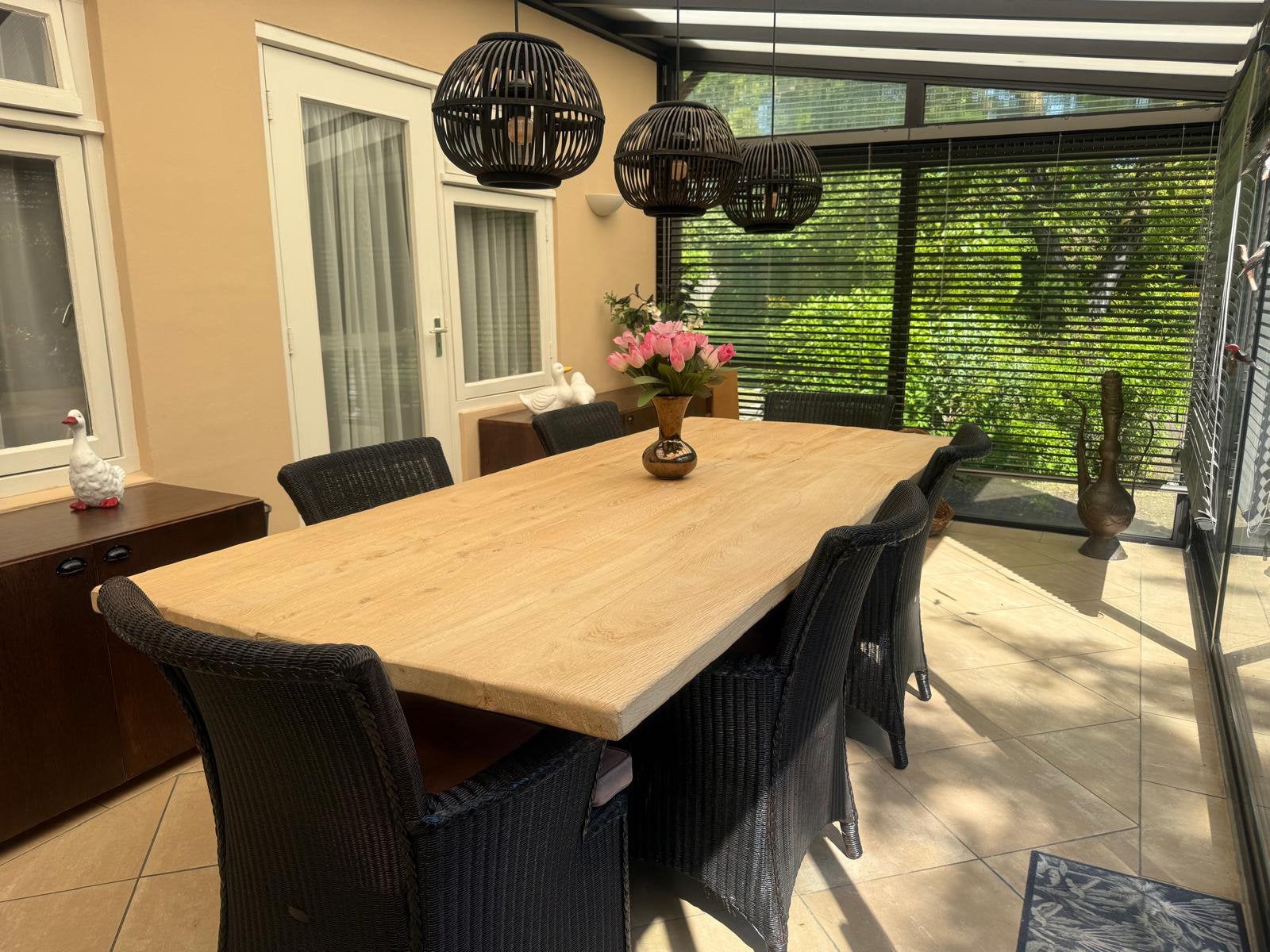 Eettafel eiken met stalen X poot lengte 2,40 breedte 1,02 mt, Huis en Inrichting, Tafels | Eettafels, Ophalen, 200 cm of meer
