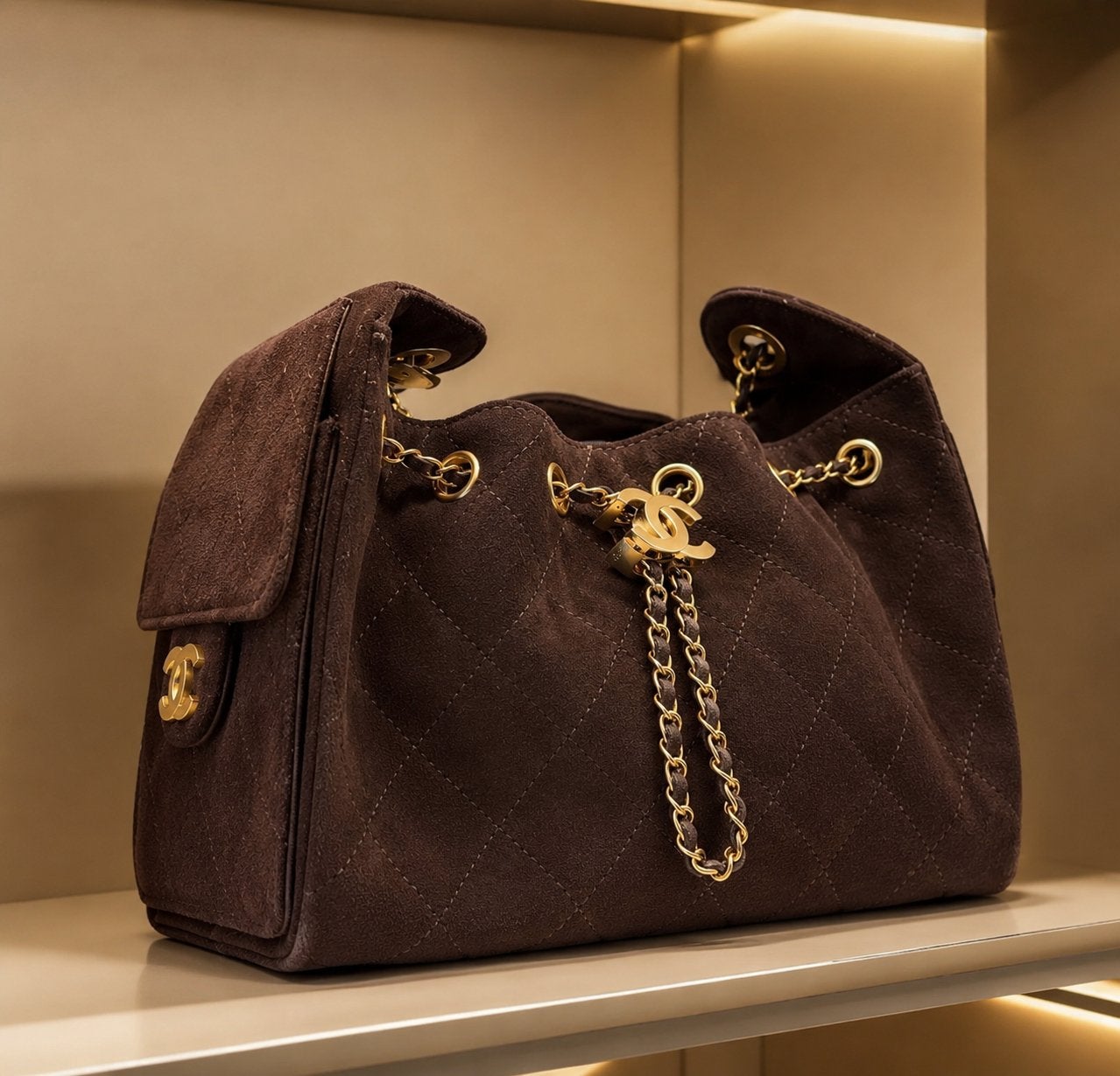 Chanel Drawstring Bucket Tas Bruin Suede, Ophalen of Verzenden, Zo goed als nieuw, Bruin, Handtas