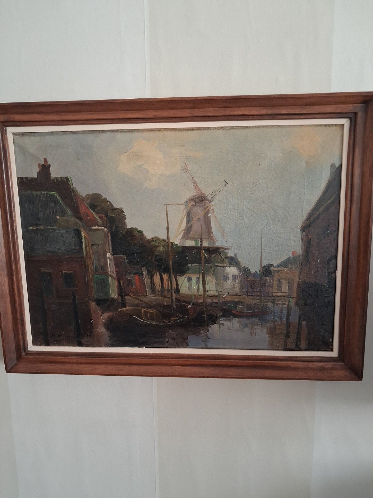 Olieverf Schilderij .Stadsgezicht.Nieuwenhuis.H, Ophalen, Nederlandse school, Doek, Handgeschilderd