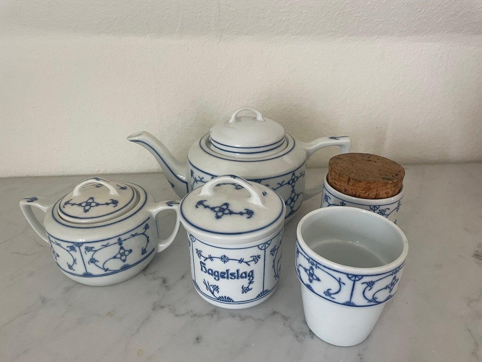 Jäger blauw Saks theeservies: theepot, suikerpot, 2 potjes e, Ophalen of Verzenden