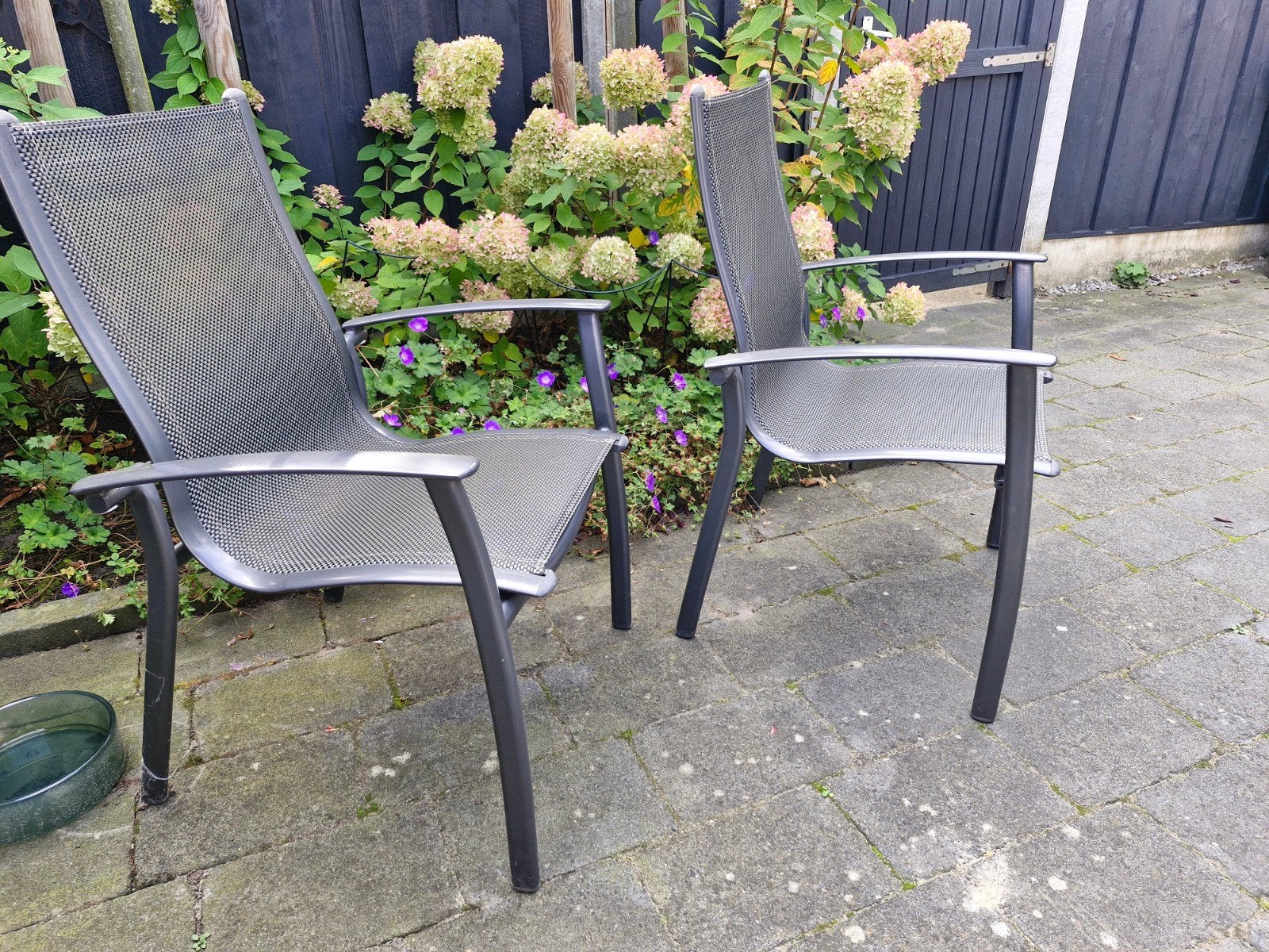 2 Bellagio tuinstoelen - grijs metaal met textileen, Tuin en Terras, Ophalen, Gebruikt, Metaal