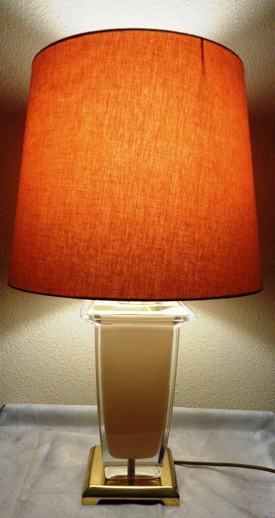 Tafellamp met oranje kap en gouden voet, Gebruikt, Oranje, Met kap, Glas