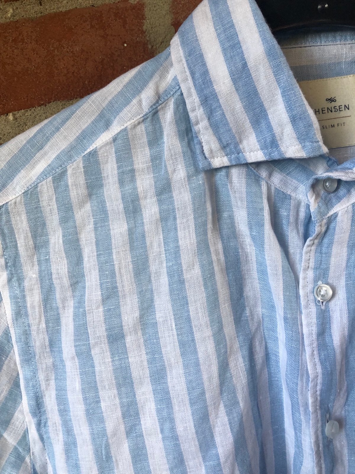 Nieuw Hensen Slim Fit Linnen Overhemd Blauw/Wit Streep Mt M, Ophalen of Verzenden, Nieuw, Blauw, Halswijdte 39/40 (M)