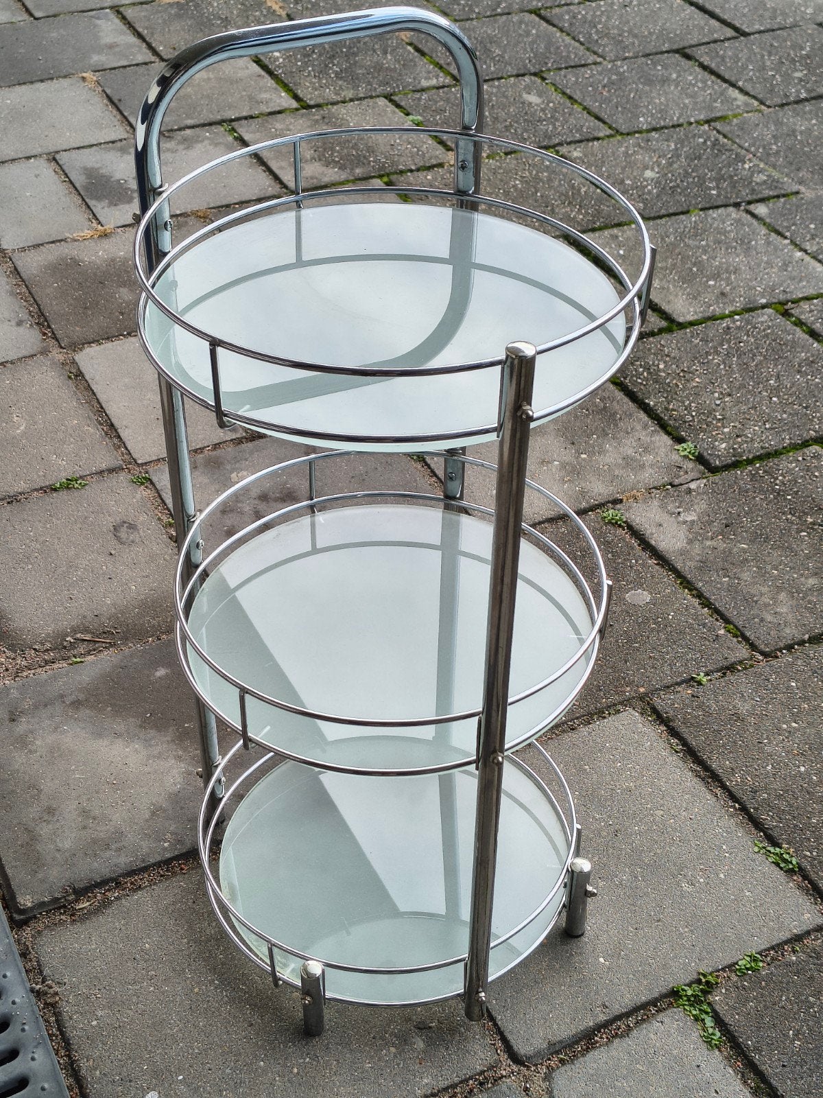 Verrijdbaar serveerwagentje met 3 glazen plateaus, Ophalen, Minder dan 55 cm, Gebruikt, Metaal of Aluminium