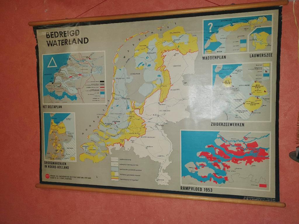 Oude schoolplaat,1963,Bedreigd waterland,Nederland,linnen, Ophalen of Verzenden
