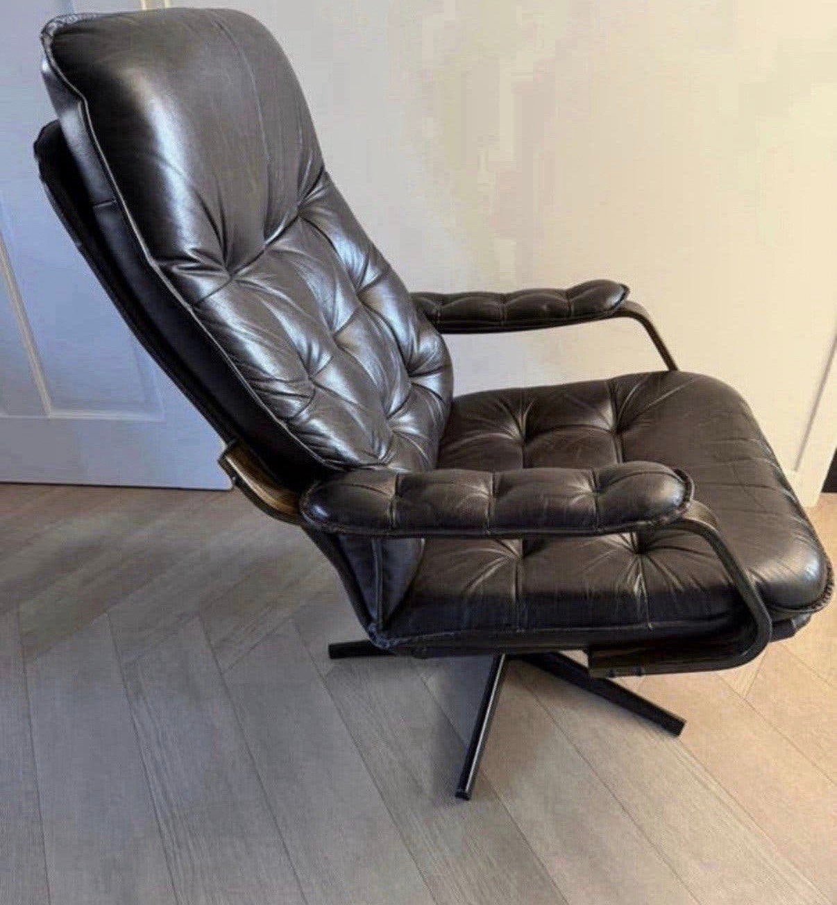 Vintage draaifauteuil Scandinavische stijl uit de jaren 1970, Ophalen, Minder dan 75 cm, Leer, Zo goed als nieuw