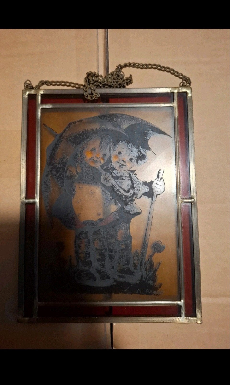 Vintage Hummel glas in lood lijstje, Antiek en Kunst, Antiek | Glas en Kristal, Ophalen of Verzenden