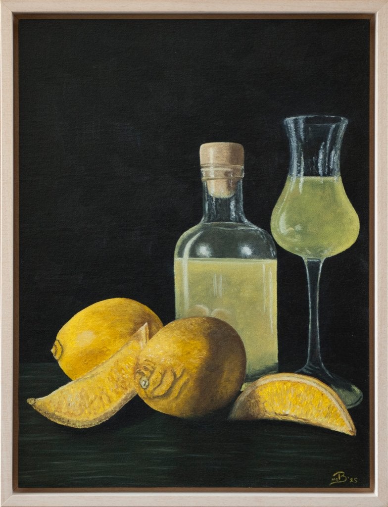 Olieverfschilderij citroenen & limoncello – handgeschilderd, Antiek en Kunst, Stilleven, Ophalen of Verzenden, Olieverf, Overige materialen