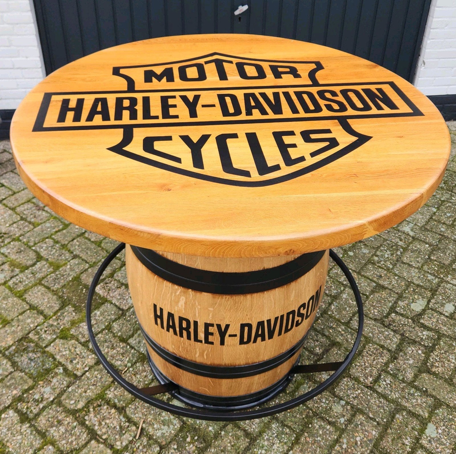 HARLEY DAVIDSON wijnvat statafel met massief eiken blad, Ophalen, Nieuw