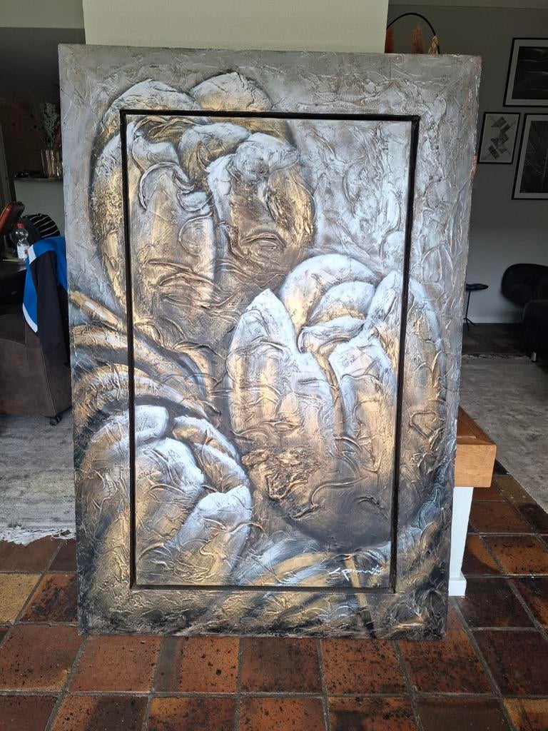 Groot 3D Schilderij met Tulpen in Goud- en Zilvertinten, Ophalen