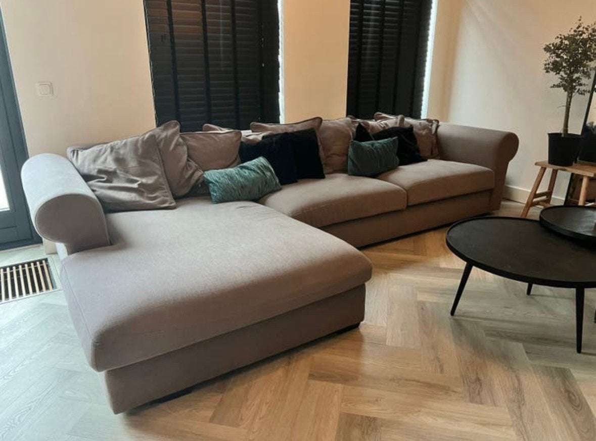 Bruine/ taupe bank van stof, Ophalen, Gebruikt, 75 tot 100 cm, Stof