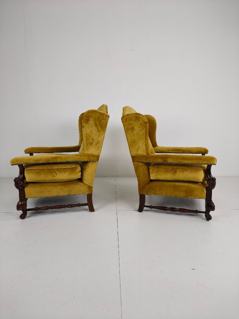 2x 19e-eeuwse notenhouten fauteuils met fluwelen bekleding, Ophalen of Verzenden