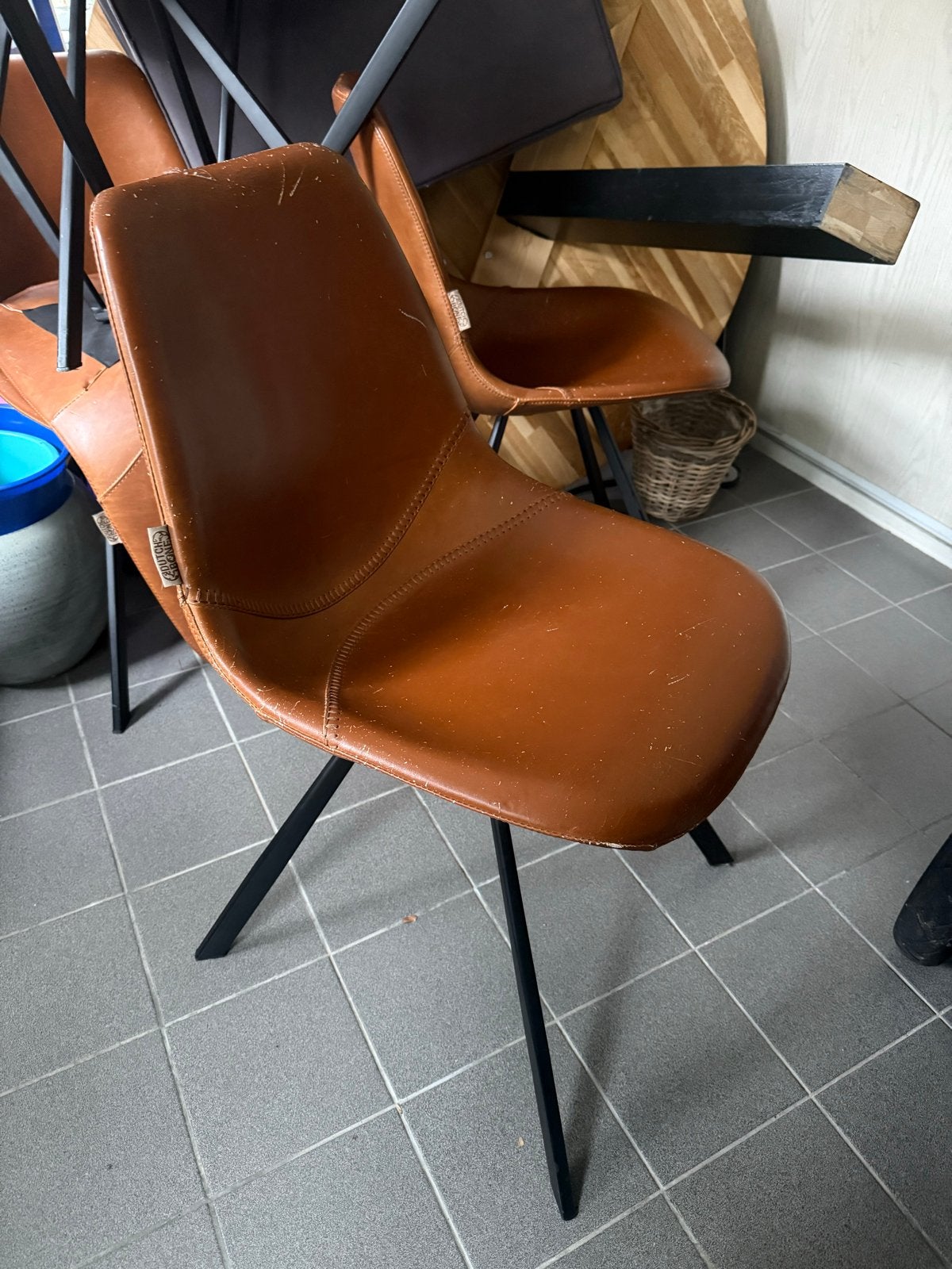 Set van 6 Dutchbone stoelen - Cognac bruin leer, Gebruikt, Bruin, Leer, Ophalen of Verzenden