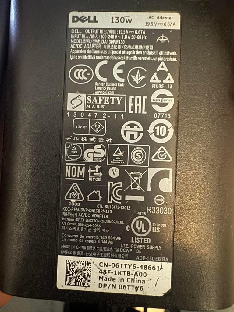 Dell 130W laptoplader, Computers en Software, Laptop-opladers, Ophalen of Verzenden, Gebruikt