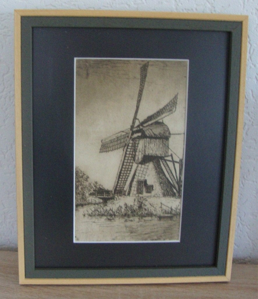 Molen aan het water - Ets in lijst, Antiek en Kunst, Ingelijst, Ophalen of Verzenden, 33 cm, Landschap