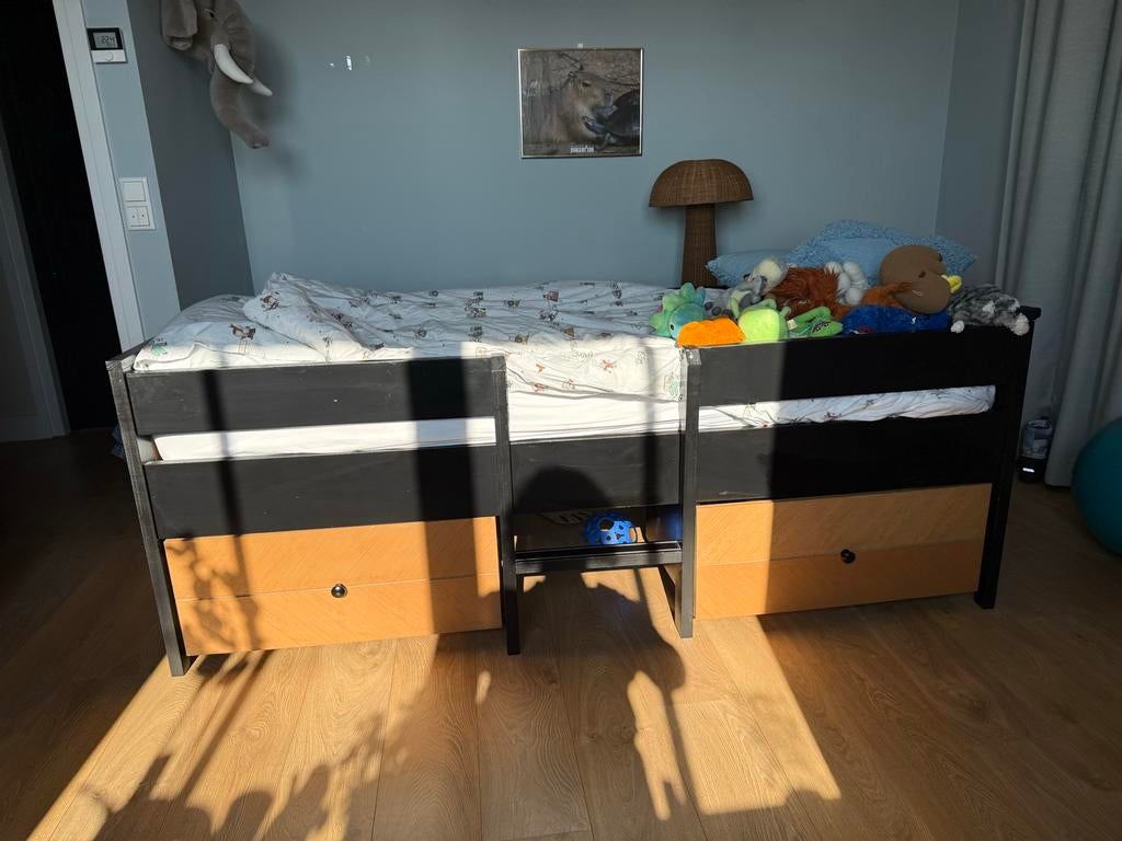 Kajuitbed eenpersoons met lades - Zwart/Hout, Huis en Inrichting, Slaapkamer | Bedden, Ophalen, Gebruikt, 90 cm, Eenpersoons