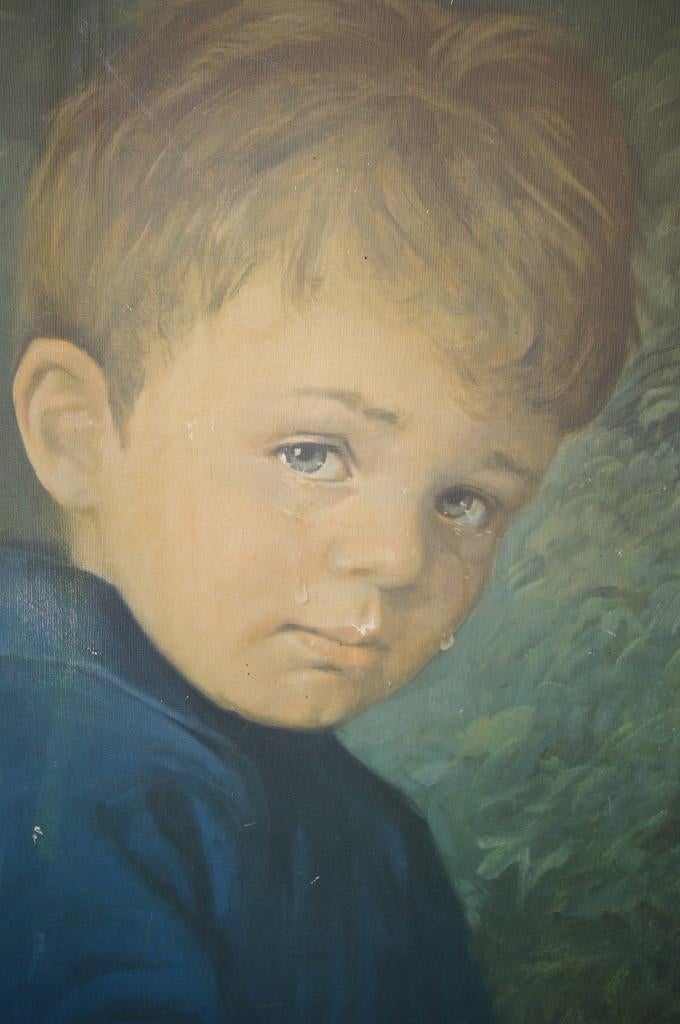 Retro schilderij met huilend jongetje., Ophalen of Verzenden, Gebruikt, Ingelijst, Schilderij