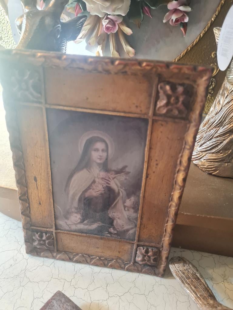 Oud houten paneeltje met religieuze afbeelding