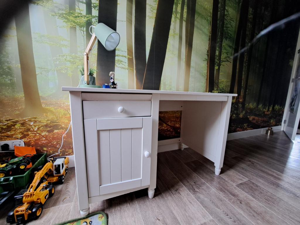 Wit houten bureau 120 x 60 cm, 1 kastje en la, Huis en Inrichting, Bureaus, Ophalen, Gebruikt