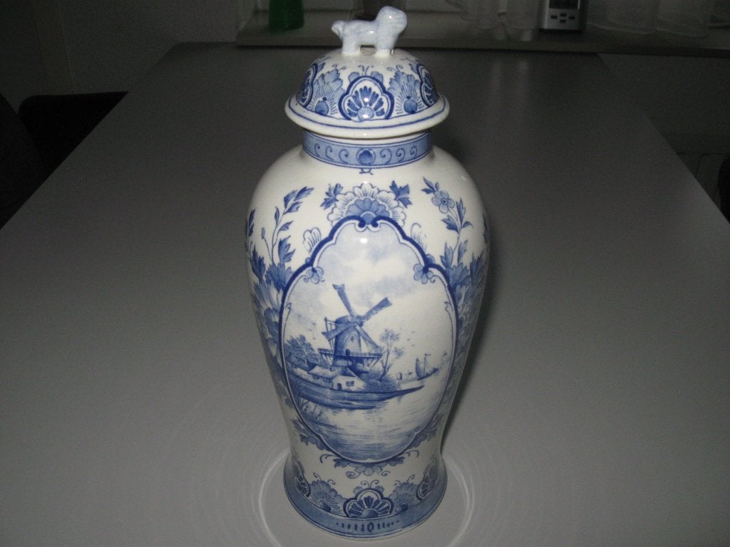 Aardewerk blauwe vaas, 32 cm, Blauw, Met deksel, Ophalen of Verzenden