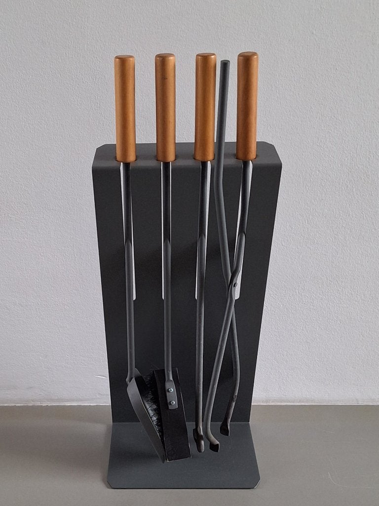kachel-set haardset openhaard 5-delig metaal met houten grip, Huis en Inrichting, Haarden, Ophalen of Verzenden, Zo goed als nieuw