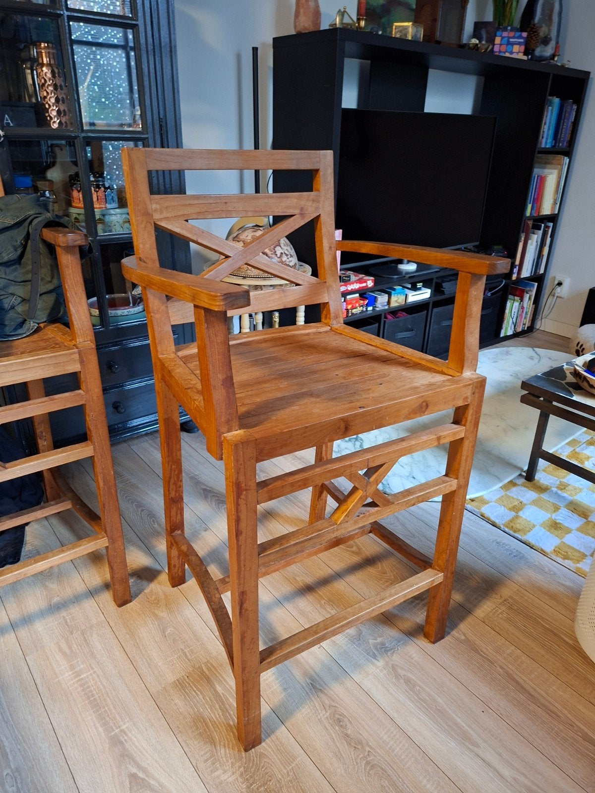 set van 2 teak barkrukken, Huis en Inrichting, Ophalen, Gebruikt, Met voetsteun, 60 tot 90 cm