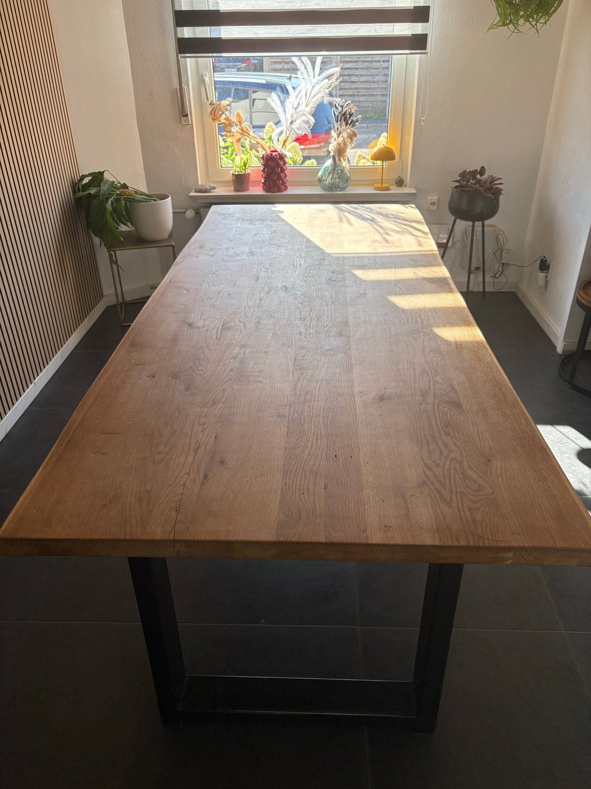 Robuuste eikenhouten eettafel 2,40x108 met metalen poten, Ophalen, Gebruikt, 100 tot 150 cm, Eikenhout