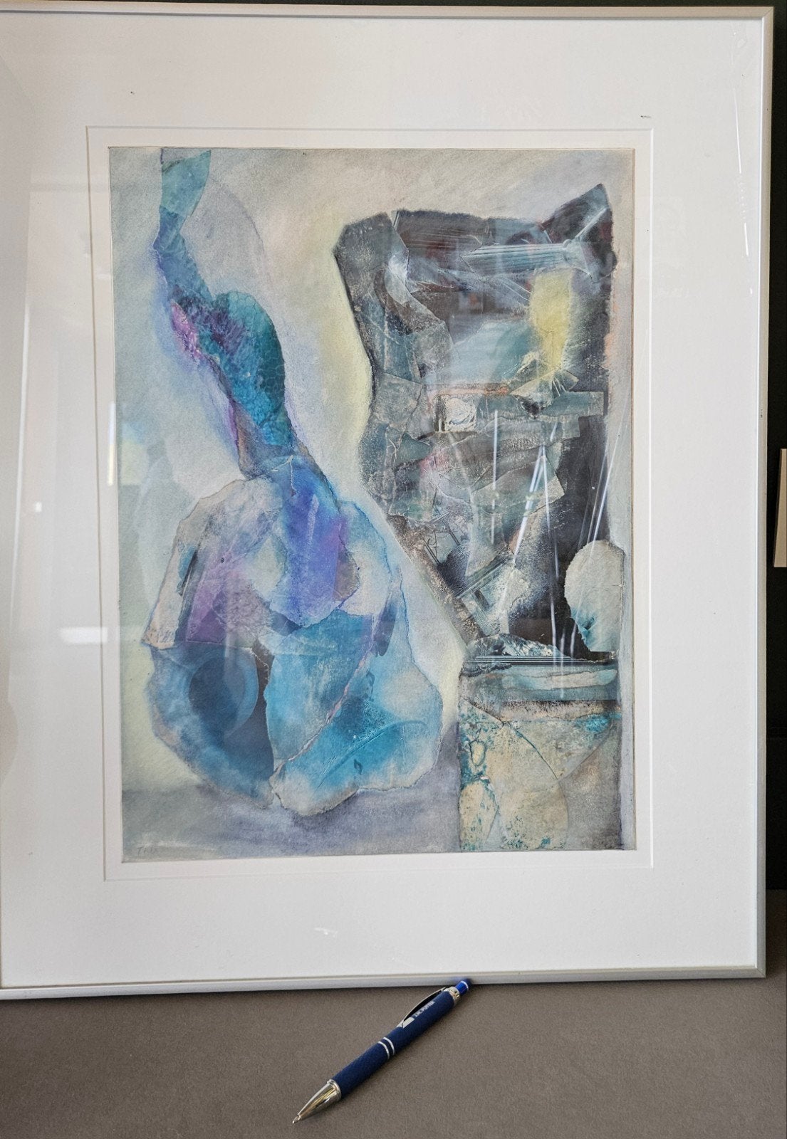 Abstracte aquarel in blauw, grijs & paars, mooie wissellijst, Ophalen