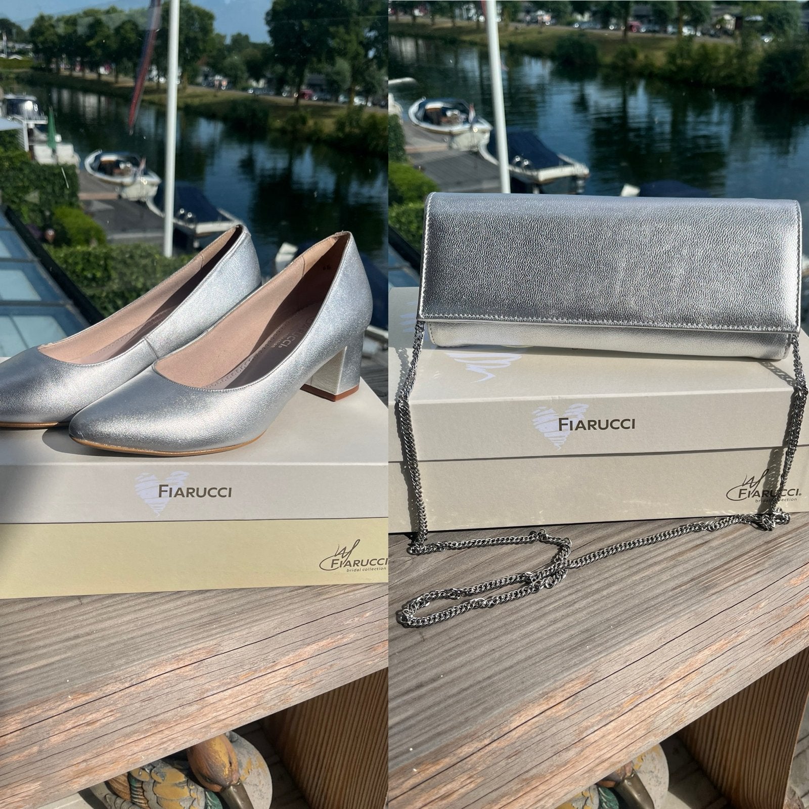 Fiárucci zilveren pumps en bijpassende clutch, Ophalen of Verzenden, Zo goed als nieuw, Overige kleuren, Avondtasje