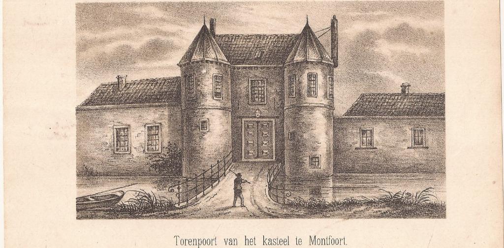 Torenpoort van kasteel te Montfoort Litho ca. 1850, Antiek en Kunst, 10 cm, 1800 - 1899, Architectuur, Ophalen of Verzenden