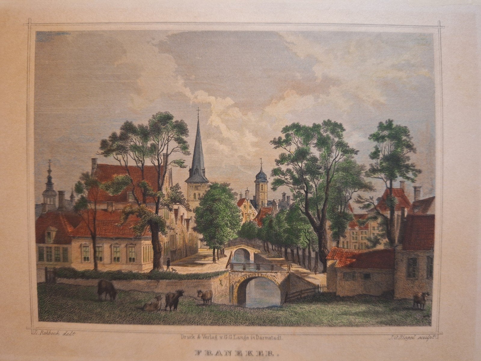 Antieke Gravure Franeker, Friesland - Stadsgezicht, Antiek en Kunst, 1800 - 1899, Stadsgezicht, Ophalen of Verzenden, Origineel