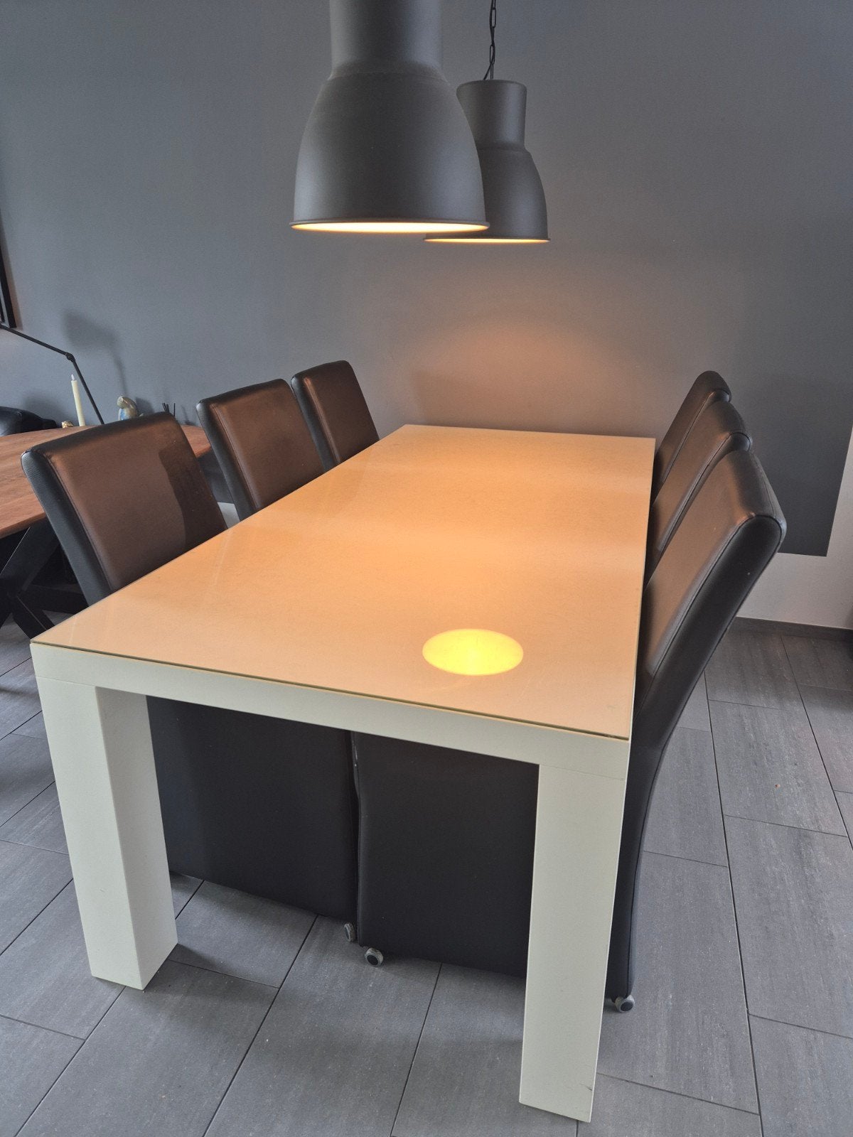 Witte MDF eettafel met glasplaat (205x100 cm), Huis en Inrichting, Ophalen, Gebruikt, 100 tot 150 cm, 200 cm of meer