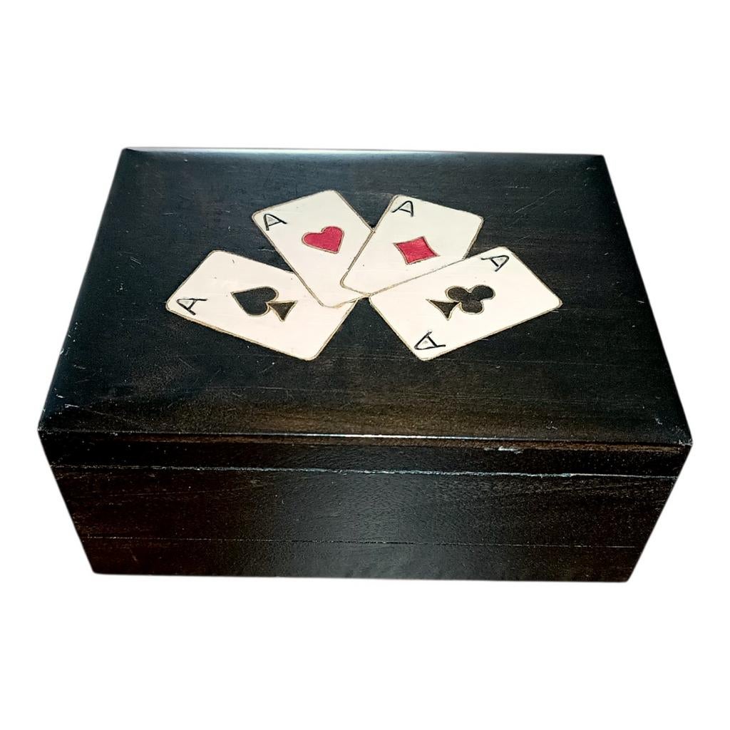 Vintage Houten Kaartendoos – Zwart met Vier Azen, Ophalen of Verzenden, Gebruikt