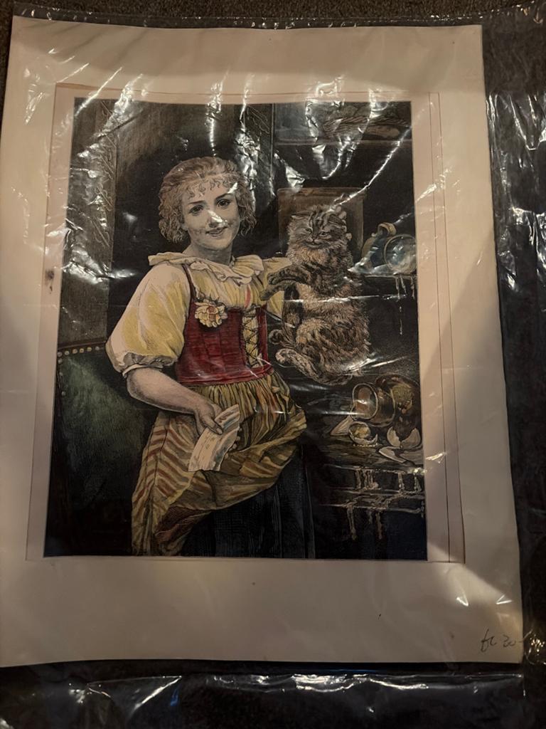 Vintage print: Meisje met kat en gebroken pot, Ophalen of Verzenden