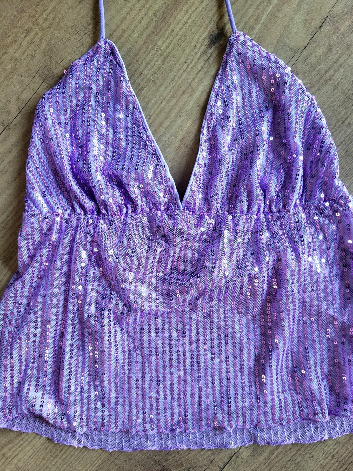 Prachtige Lila Haltertop babydoll met Pailletten, Paars, Ophalen of Verzenden, Zo goed als nieuw, Maat 36 (S)