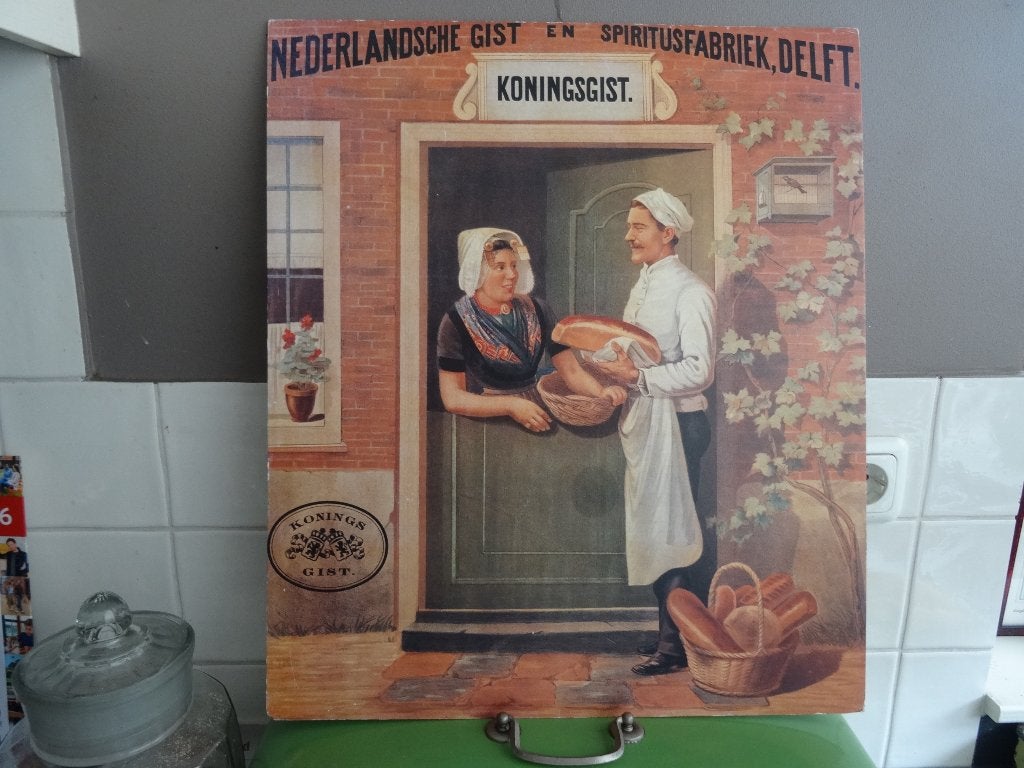 Oude affiche reclame Koningsgist bakkerij Delft, Verzamelen, Ophalen, Zo goed als nieuw, Reclamebord