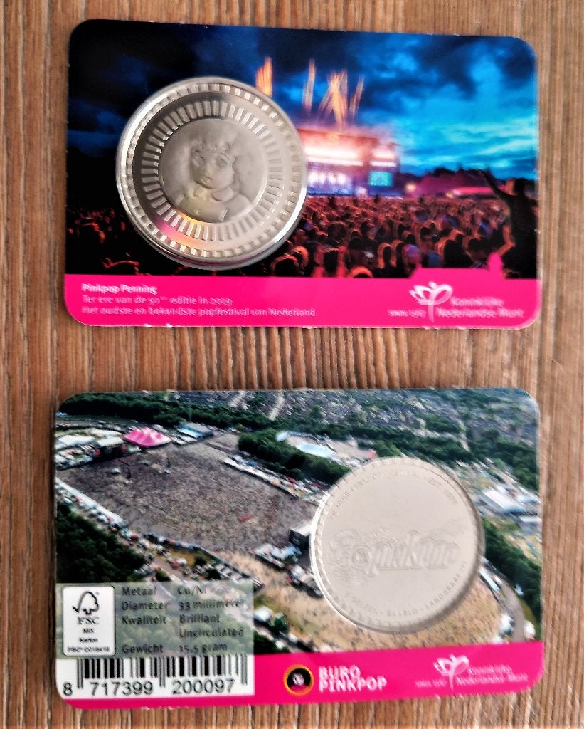 50 jaar Pinkpop Penning in coincard, Postzegels en Munten, Verzenden, Overige materialen, Nederland