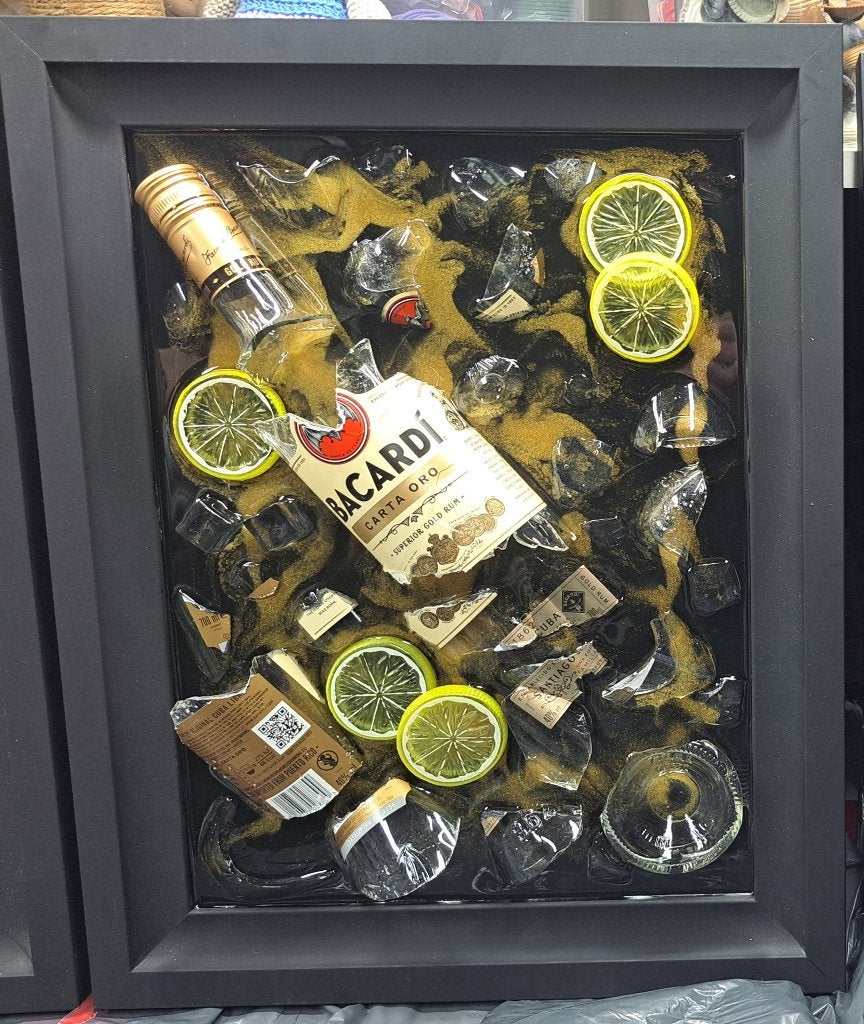 Bottle art epoxy, Bacardi carta oro goud/geel, Antiek en Kunst, Ophalen of Verzenden