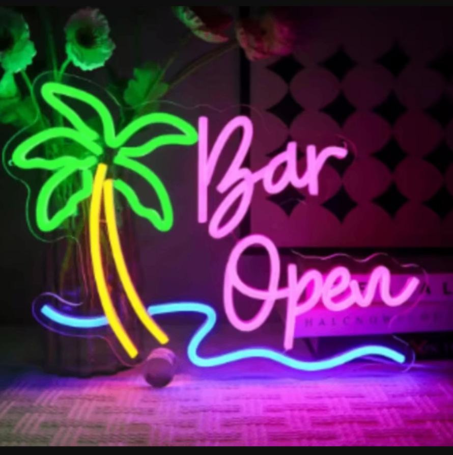 LED lamp neon stijl Bar Open met Palmboom (38x30cm)