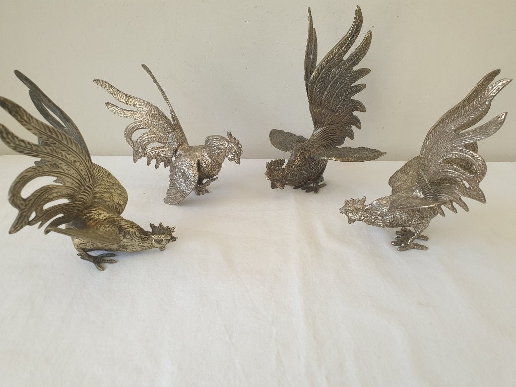 4 vintage zilverkleurige metalen vechthanen, Ophalen of Verzenden, Zo goed als nieuw, Metaal