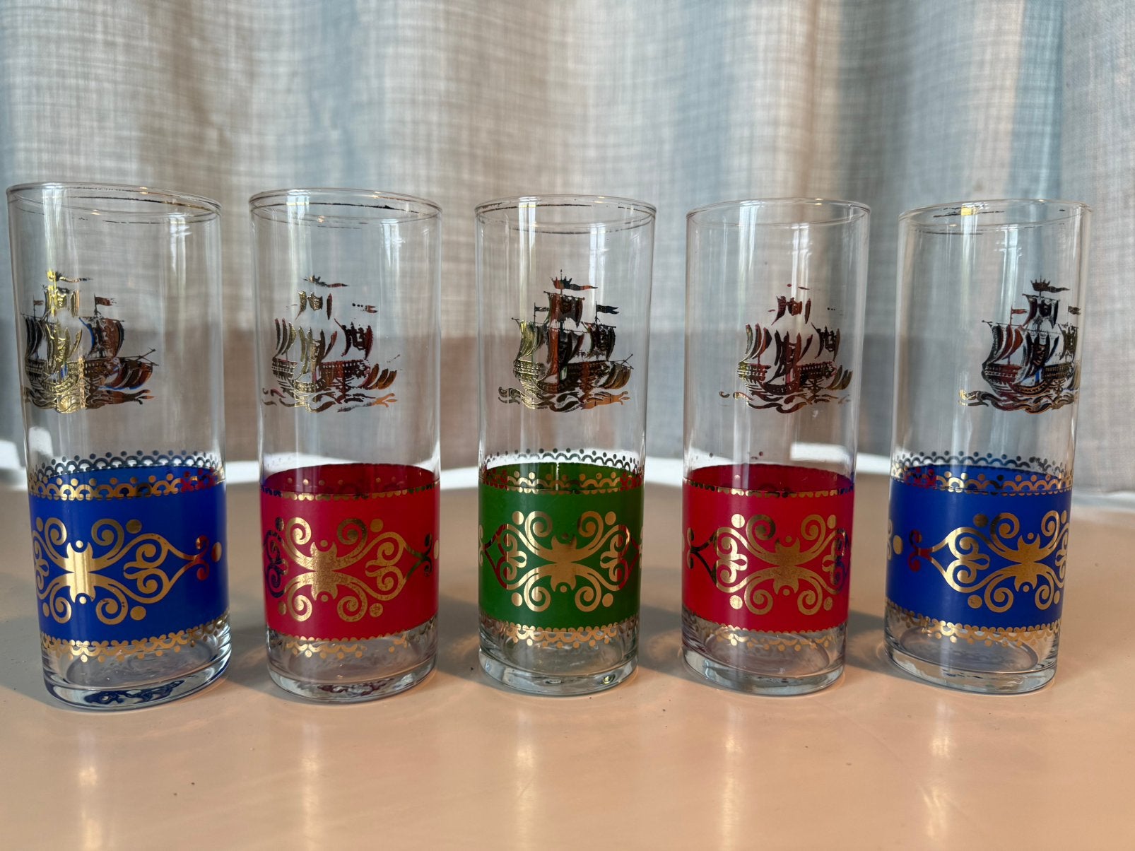 Set van 5 mid-century longdrinkglazen met gouden opdruk, Ophalen of Verzenden