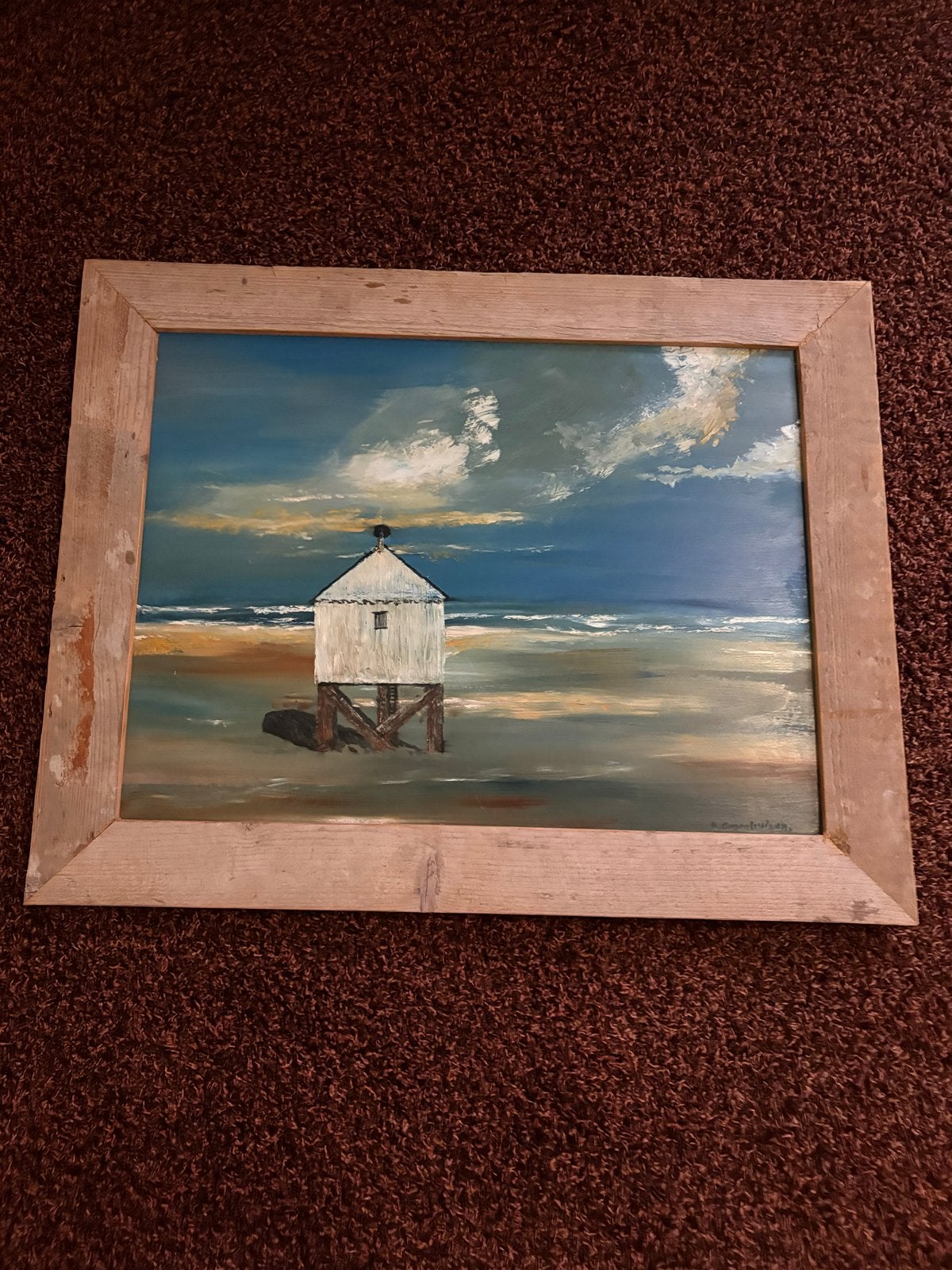 Schilderij met strandhuisje in steigerhouten lijst, Ophalen