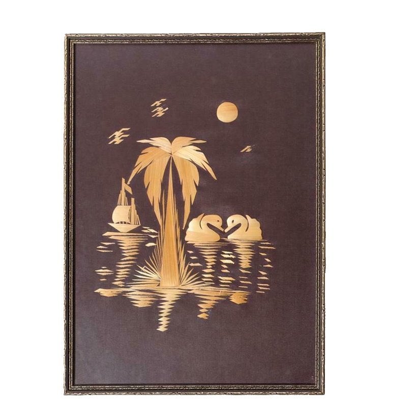 Vintage Indisch bamboe SCHILDERIJ zwanen zeilboot palm jr.50, Achter glas, Overige technieken, Ophalen of Verzenden, Landschap